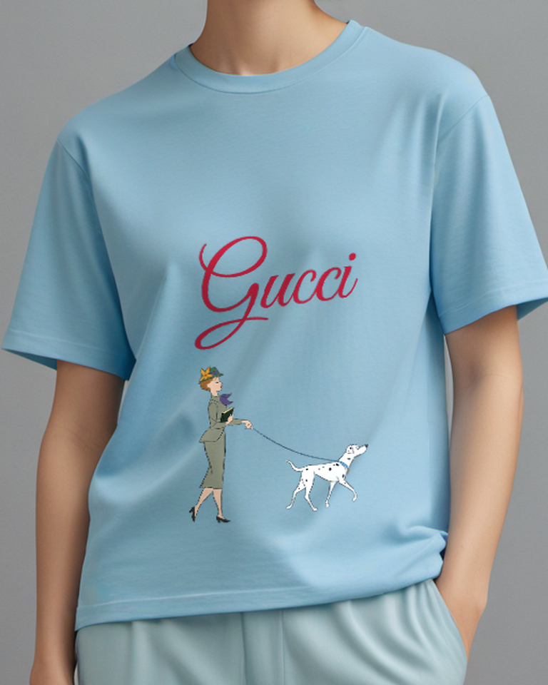 Sky Blue Woman Walks Dog On Leash Graphic T-Shirt - model wearing view