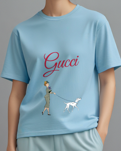 Sky Blue Woman Walks Dog On Leash Graphic T-Shirt - model wearing view