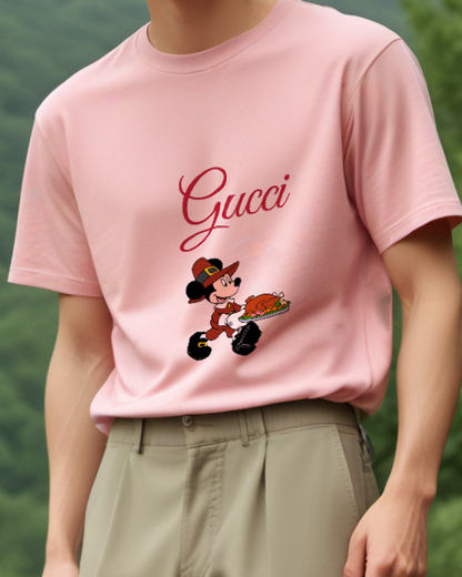 Blush Pink Mickey Mouse In Pilgrim Attire Carrying Turkey Graphic T-Shirt - model wearing view