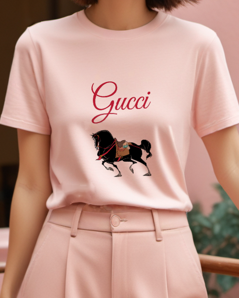 Blush Pink Prancing Black Saddled Horse Graphic T-Shirt - model wearing view