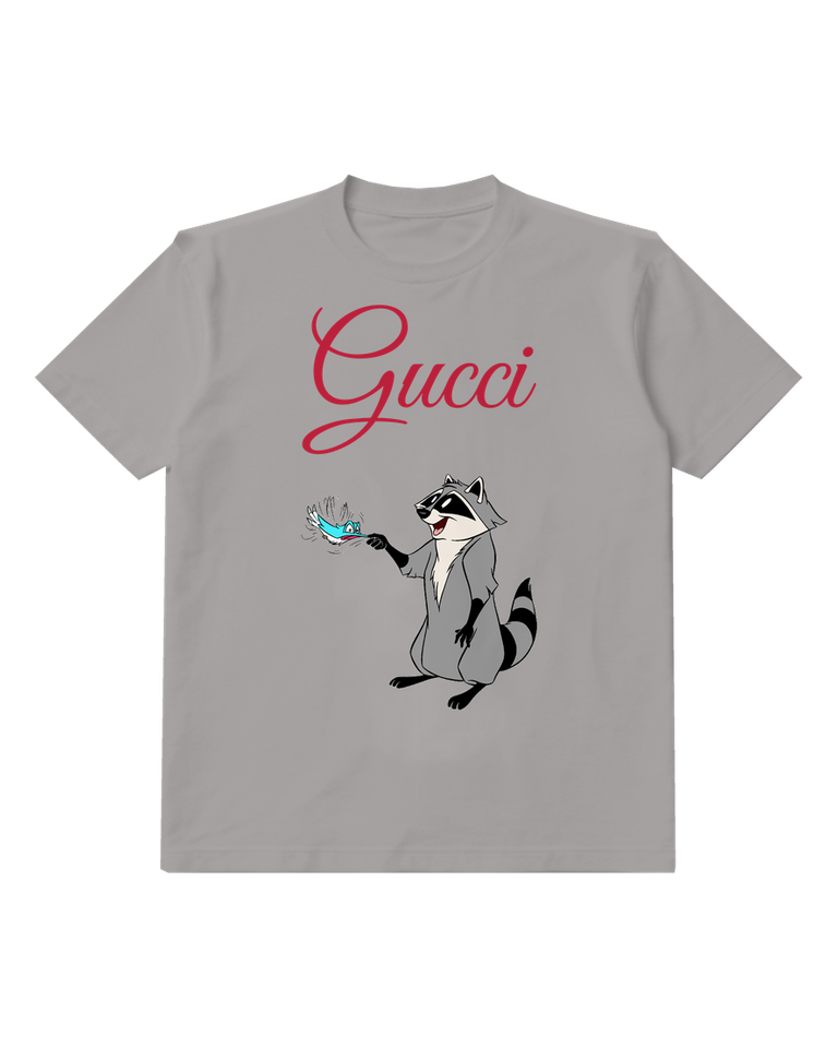 Gray Raccoon Character Shaking Fish Graphic T-Shirt - front product view