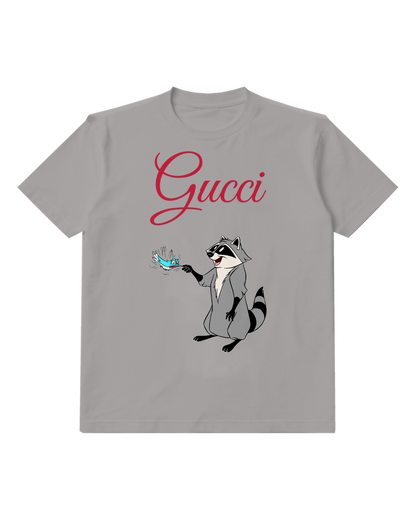 Gray Raccoon Character Shaking Fish Graphic T-Shirt - front product view