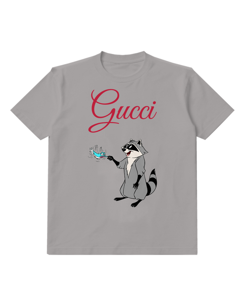 Gray Raccoon Character Shaking Fish Graphic T-Shirt - front product view